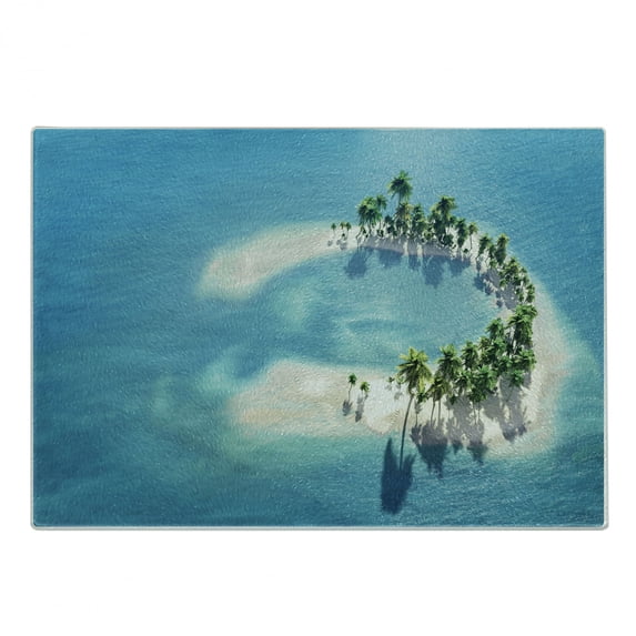 Island Cutting Board, Picture of Atoll Ring Shaped Island Covered with Palm Trees in Middle of Ocean, Decorative Tempered Glass Cutting and Serving Board, Small Size, Blue Ivory Green, by Ambesonne