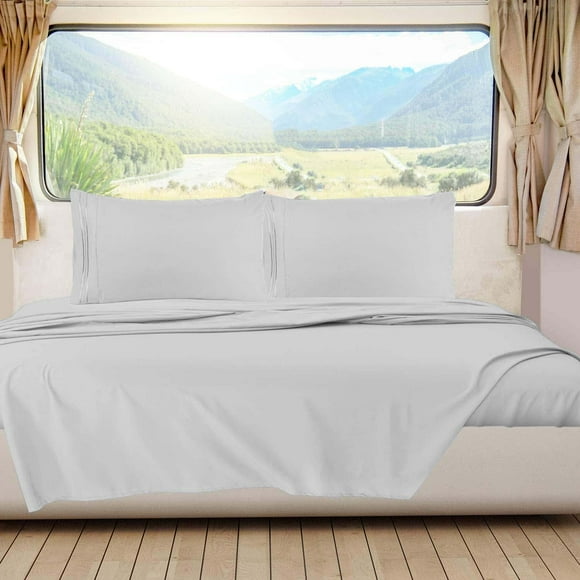 Clara Clark Bedding Short Queen Sheets, RV Sheets Set for Campers, Deep Pockets Fitted RV Bunk Sheets, 4-Piece 1800 Microfiber Bed Sheet Set, Cool and Breathable, RV Queen Sheets, Silver Light Gray