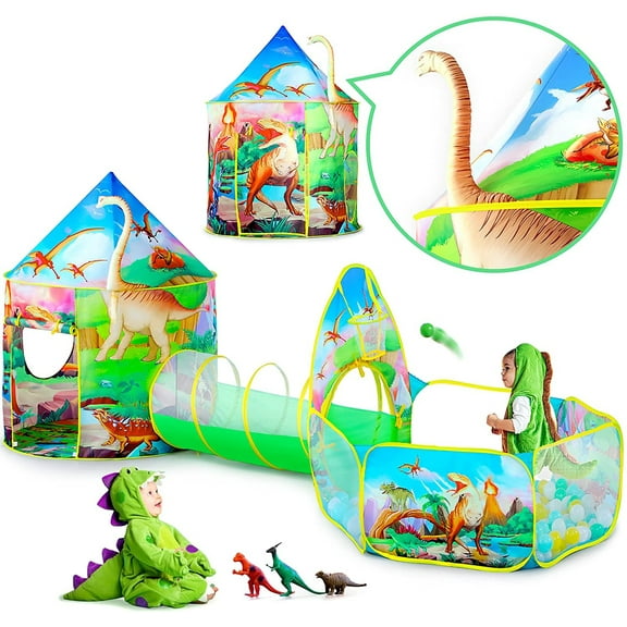 Moncoland 3PC Dinosaur Kids Tent for Toddlers with Baby Ball Pit and Crawl Tunnel Indoor Outdoor Polyester Playhouse