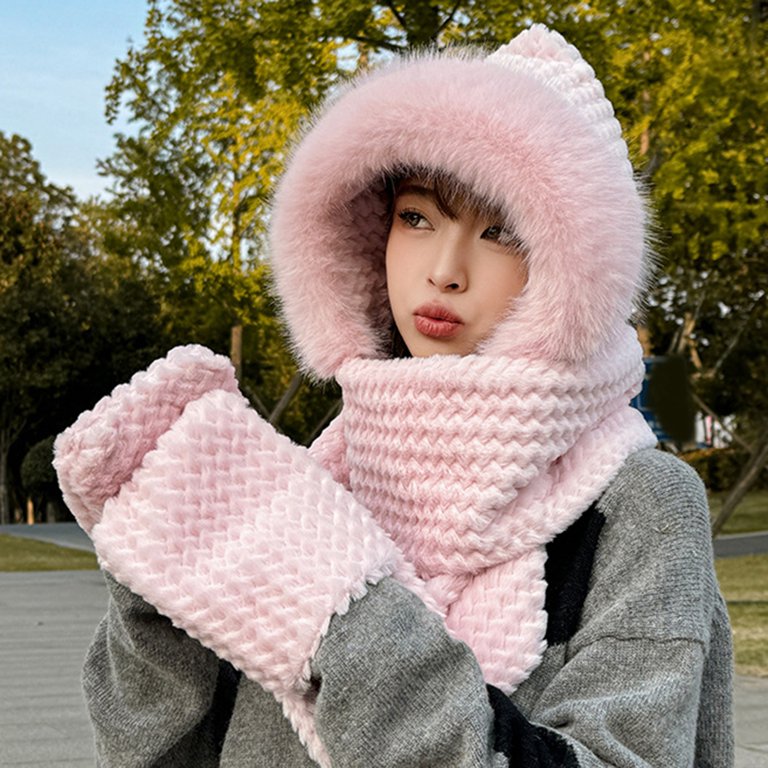 Winter Warm Hooded Hat Scarf Gloves Set In Soft Plush Thick