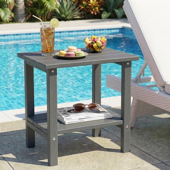 OTSUN Adirondack Outdoor Side Table, 16" HDPE Patio Side Table with Shelf, Weather Resistant Easy Maintenance for Backyard Pool Porch Garden & Lawn