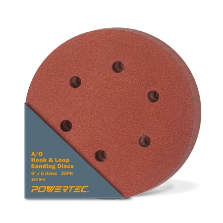 POWERTEC 45218 6 Hole Hook and Loop Sanding Disc 6-Inch Premium Aluminum Oxide 180 Grit Sandpaper - 25 PK