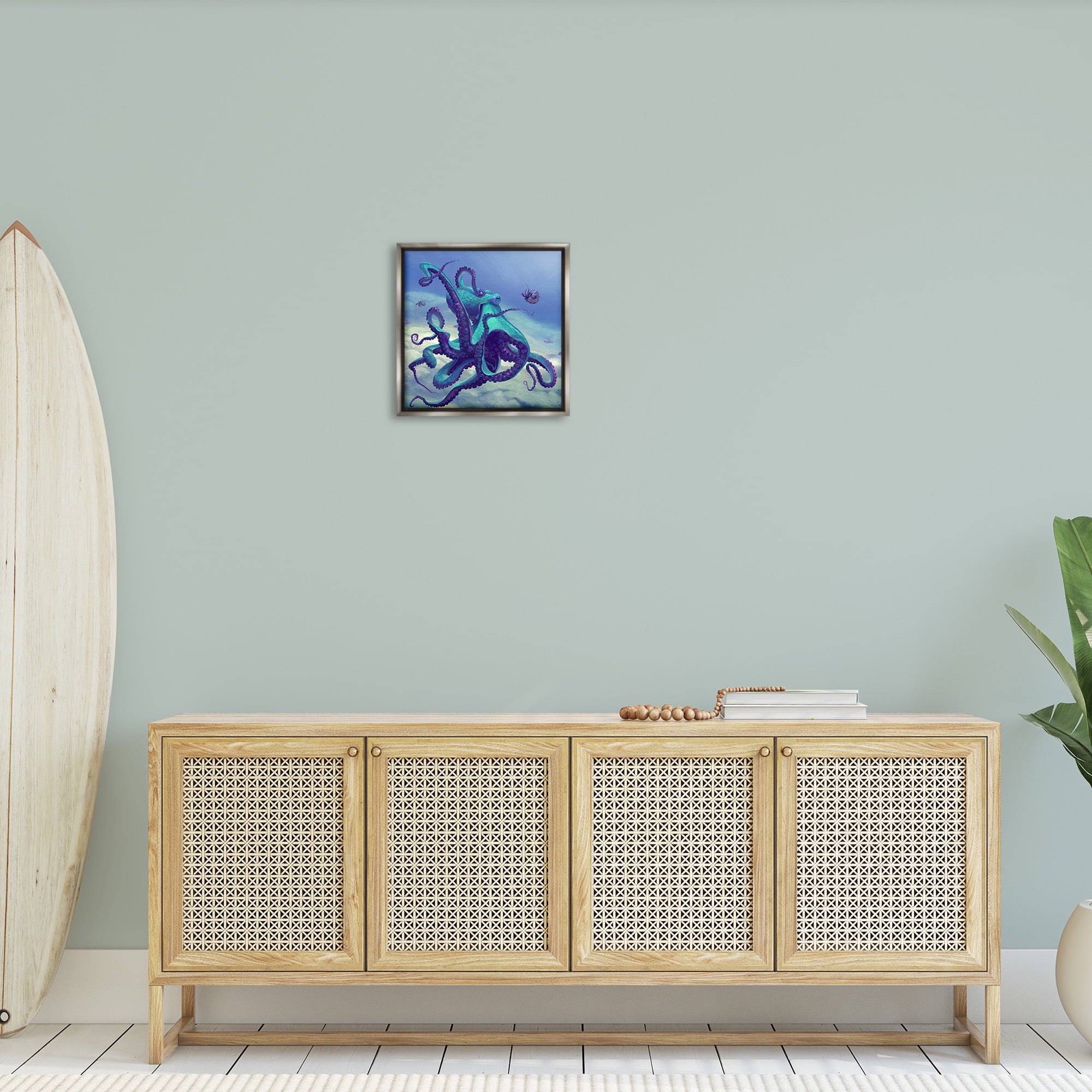 Stupell Industries Vivid Underwater Octopus Animals & Insects Painting Gray Floater Framed Canvas Art Print Wall Art, 18 x 18