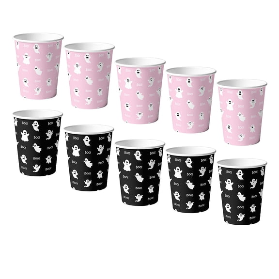 10 Pcs Halloween Ghost Paper Cups, Cute Pink Black Disposable Drinkware for 10 Guests, Boo Spooky Holiday Party Supplies