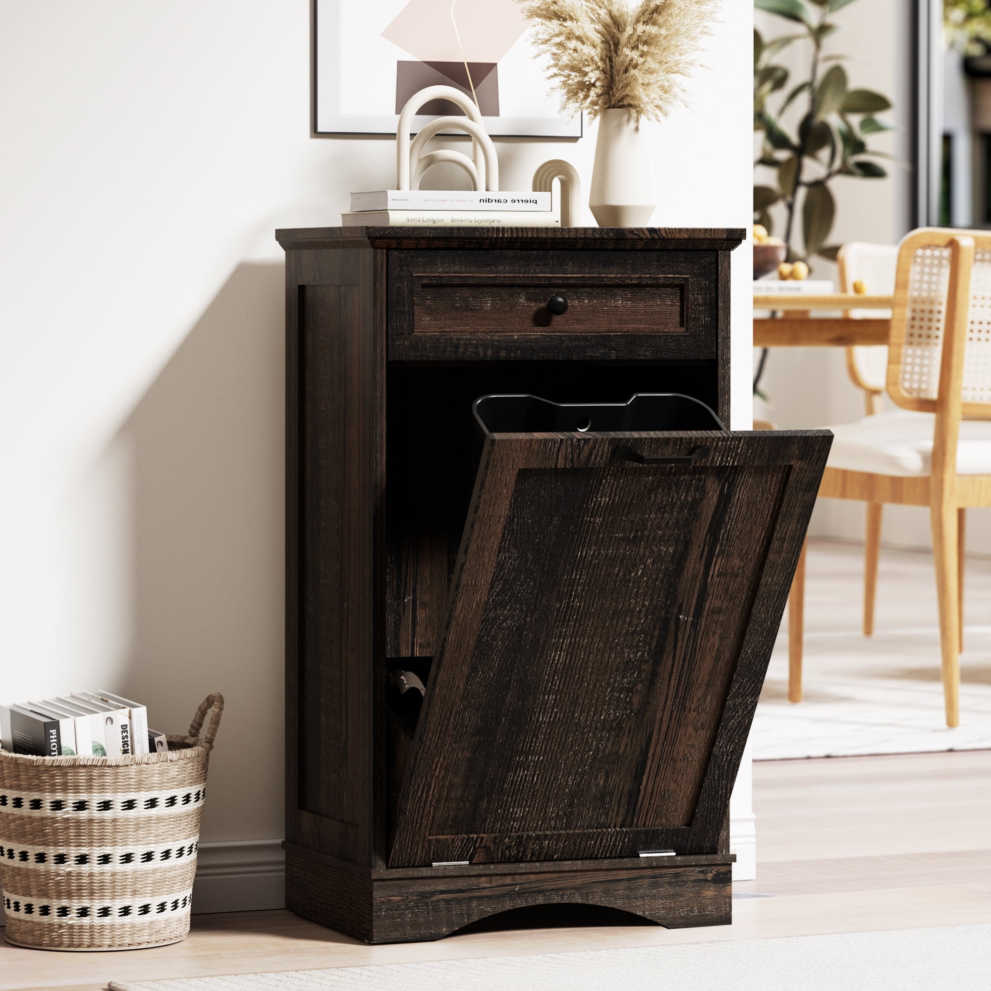 AHB 13 Gallon Tilt Out Kitchen Trash Cabinet with Drawer, Single Trash Can Storage Organizer, 20.9"L x 13.55"W x 38.5"H , Black