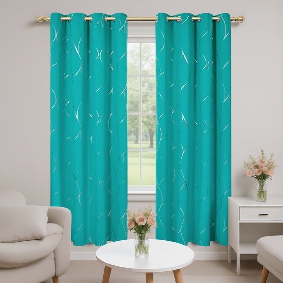 Deconovo Blackout Curtains, Silver Wave Line Print, Peacock Blue, 52W x 96L Inch, Noise Reducing, Privacy Drapes for Bedroom, 2 Panels