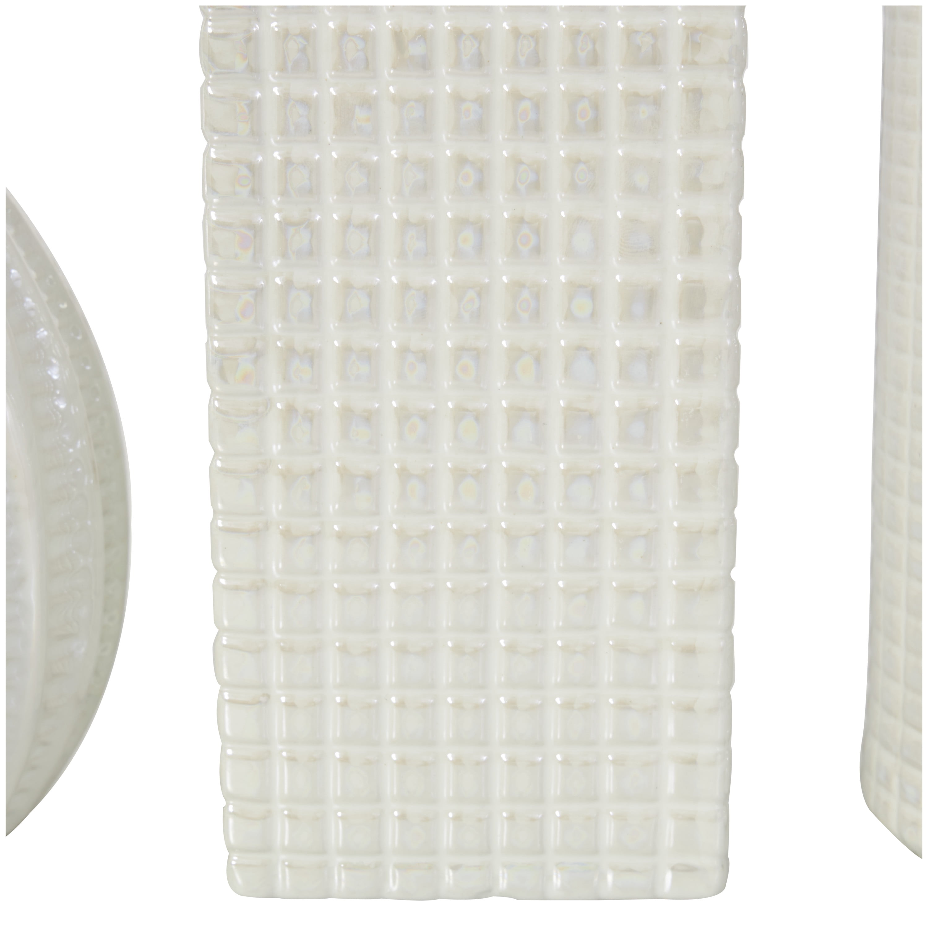 DecMode 3"W, 8"H Geometric Dimensional Textured Cream Ceramic Vase with Varying Shapes and Grid Patterns, Set of 3