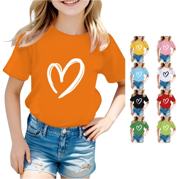 Toddler Girls Summer Casual Tops Crew Neck T Shirts Short Sleeve Top with Adorable Heart Print Lightweight Tee Size 3-4T , Orange