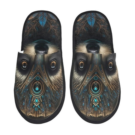 

Qekee Tribal Style Raccoon print Slippers for Women and Men Fluffy Cute Cozy House Slipper Funny Furry Bedroom Slippers for Women Indoor -Medium