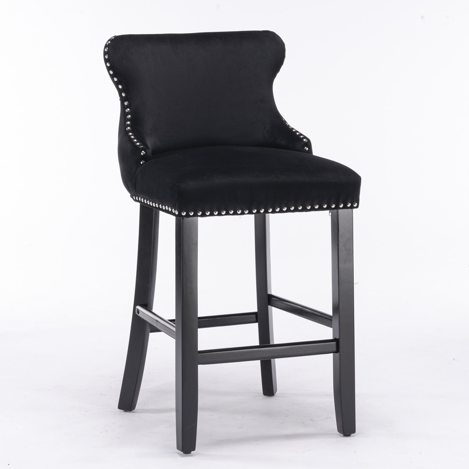 27" Padded Bar Stools, Tufted Velvet Upholstered Wing-Back Barstools with Nailhead Trim, Footrest and Solid Wood Legs, Comfy Button Tufted Counter Height Chairs Kitchen Chairs (Black,Set of 2)