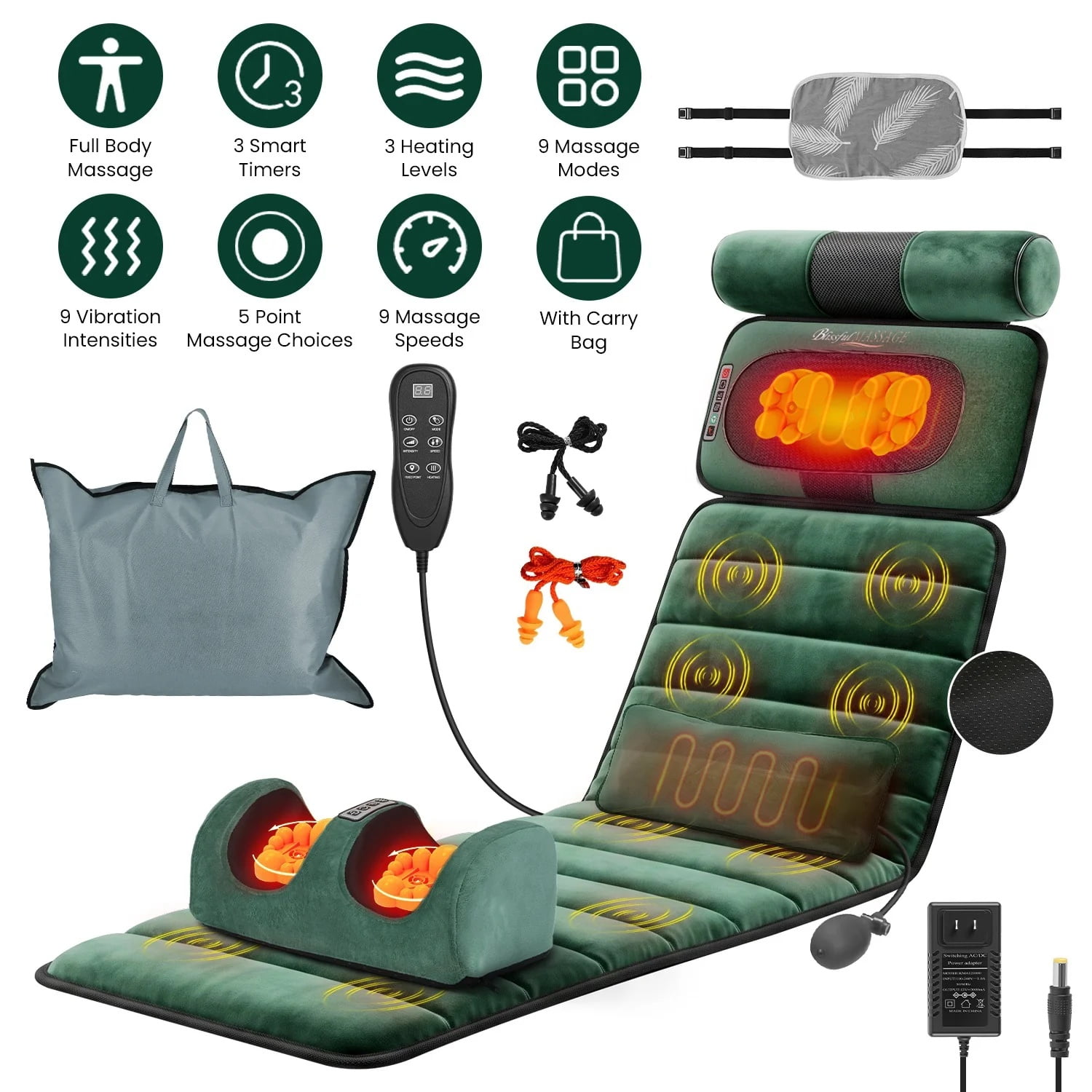 Full Body Massager Mat with Heat, 10 Vibration Motors Detachable Shiatsu Neck Back Massager with Foot Massager Remote Control, Gifts