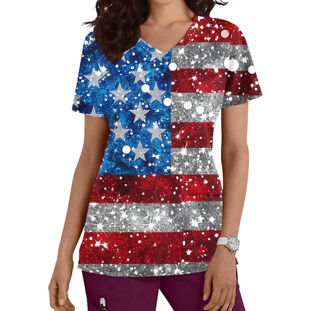 Fiudx Liquidación de Ofertas Flash Top de Enfermera Informal con Cuello En V y Manga Corta con Bolsillo Estampado para Mujer