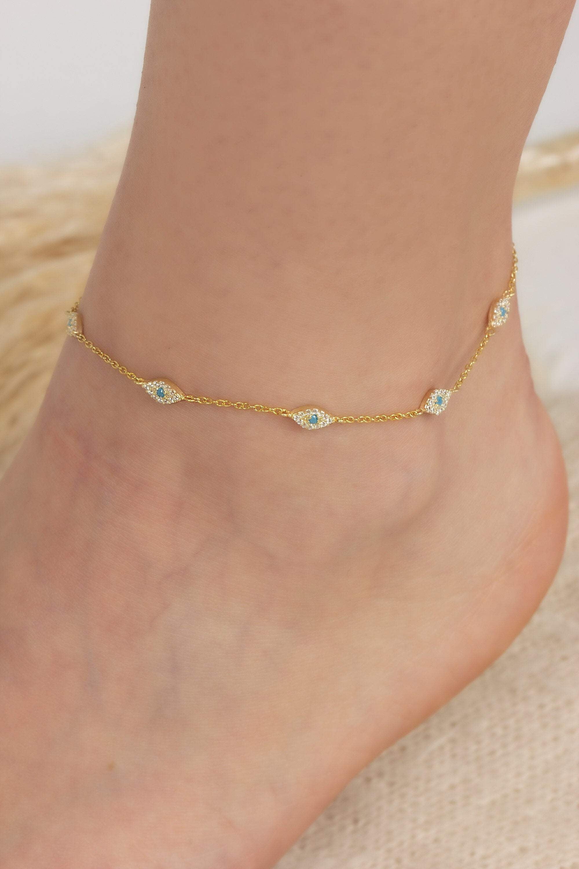 Gold Plated Cable Chain Evil Eye Silver Anklet