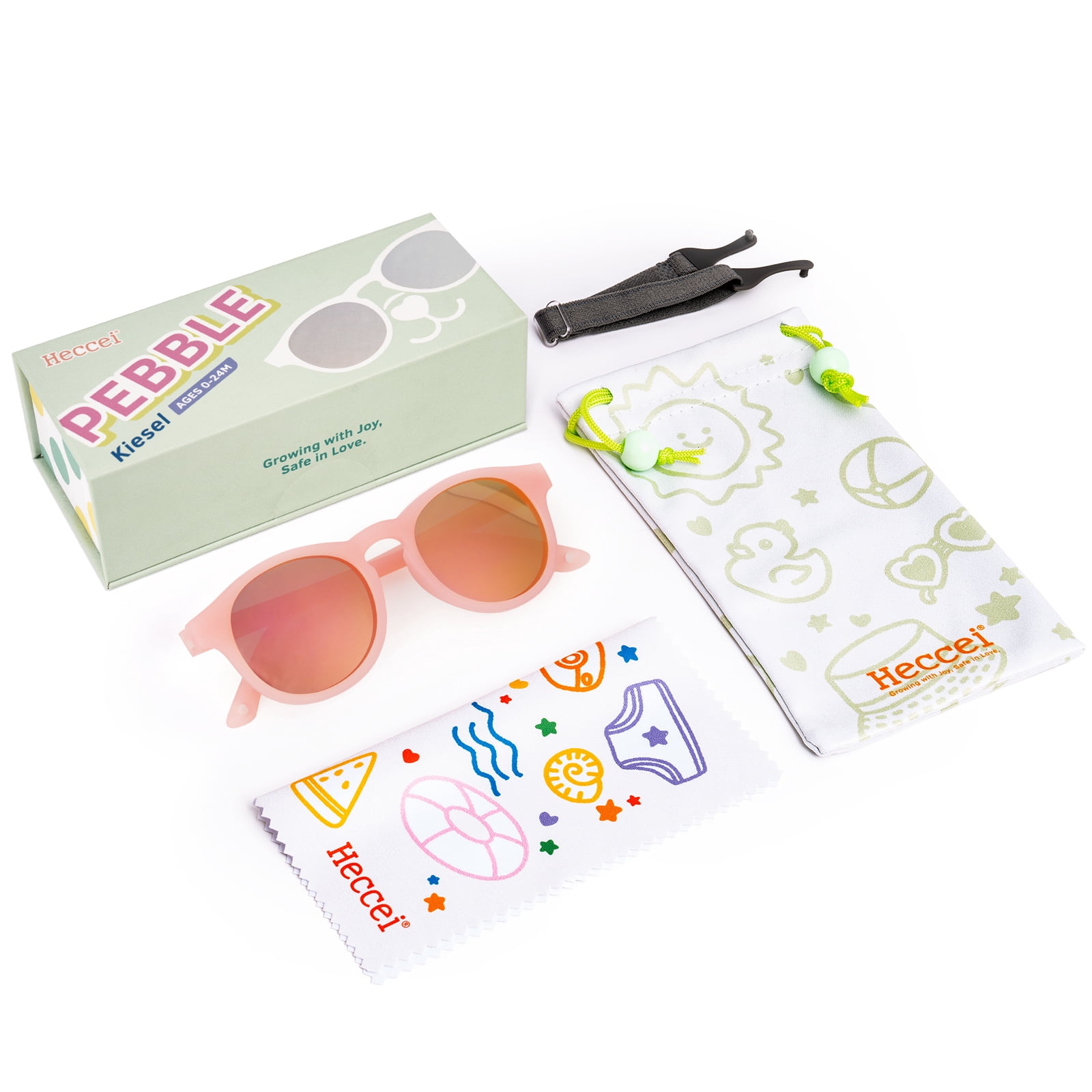 HECCEI Pebblie Baby Sunglasses with Strap - UV400 Polarized Sunglasses, Ages 0-2 Pink