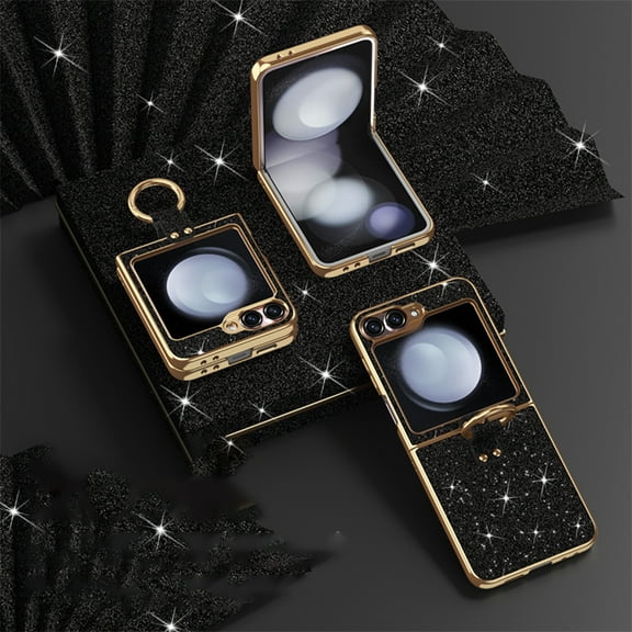 Dteck Case for Samsung Galaxy Z Flip 4,Bling Glitter Plating PC Case Ring Holder Kickstand Cover for Galaxy Z Flip 4 5G,Black