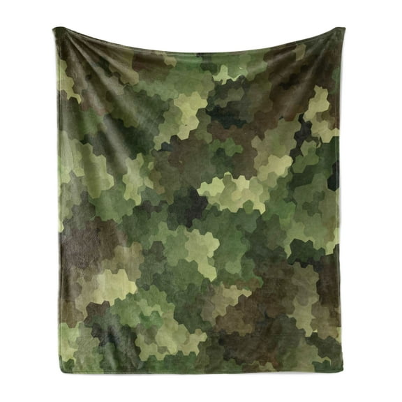 Camo Soft Flannel Fleece Throw Blanket, Frosted Glass Effect Hexagonal Abstract Being Invisible Woodland Print, Cozy Plush for Indoor and Outdoor Use, 70" x 90", Pale Green Brown Green, by Ambesonne