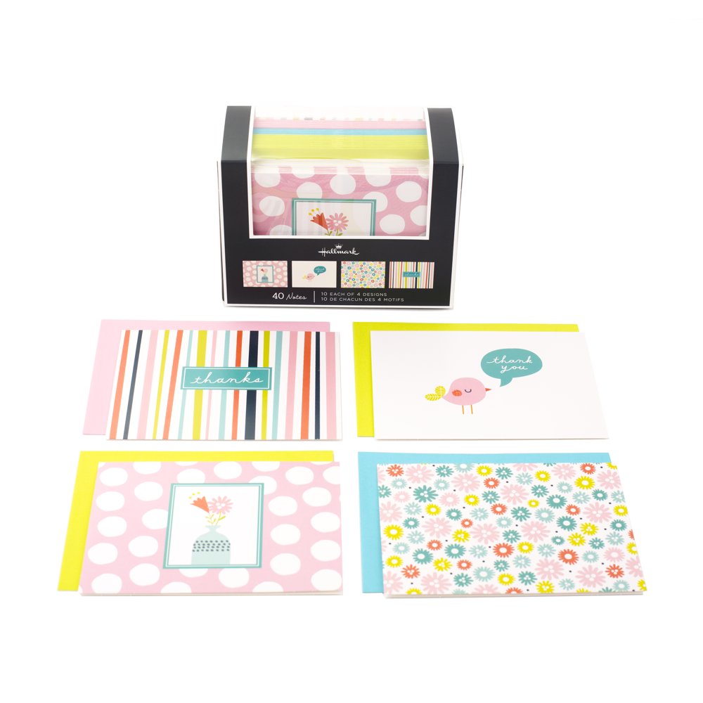 Hallmark Assorted Note Cards (Stripes, Floral, Polka Dots, Bird, 40 Cards and Envelopes