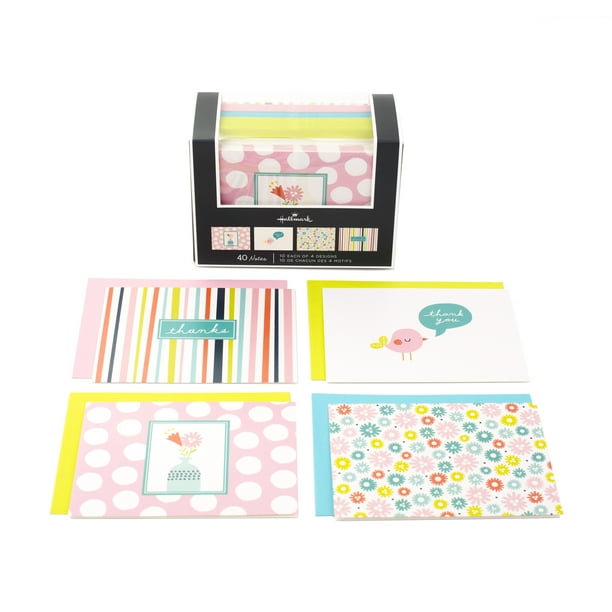 Hallmark Assorted Note Cards (Stripes, Floral, Polka Dots, Bird, 40 Cards and Envelopes