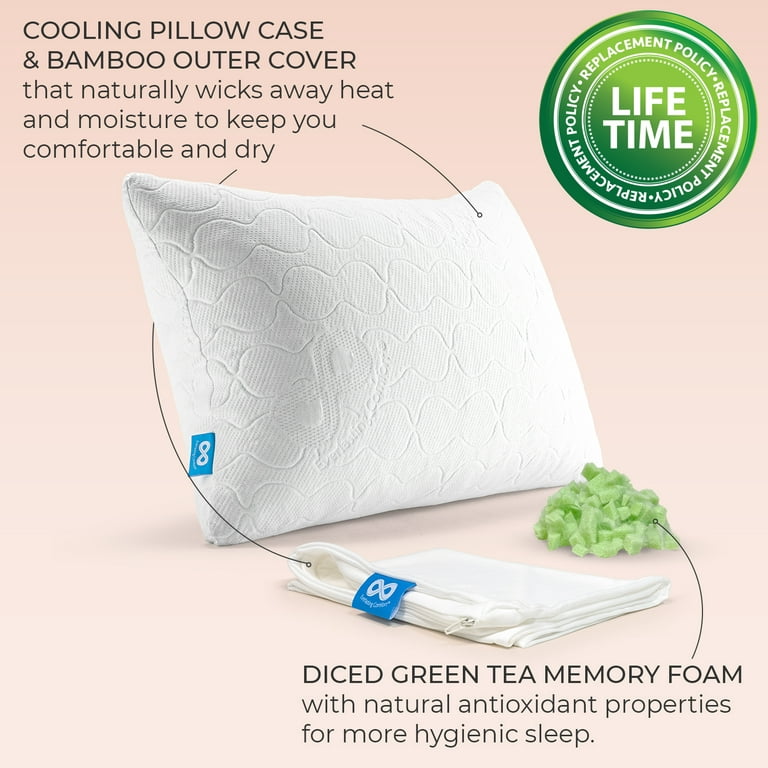Everlasting Comfort Adjustable Pillow - Green Tea Shredded Memory Foam Pillow with Customizable Loft for Back, Stomach, Side Sleepers - Hypoallergenic
