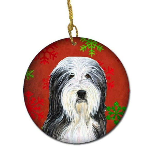 Bearded Collie Red Snowflakes Holiday Christmas Ceramic Ornament