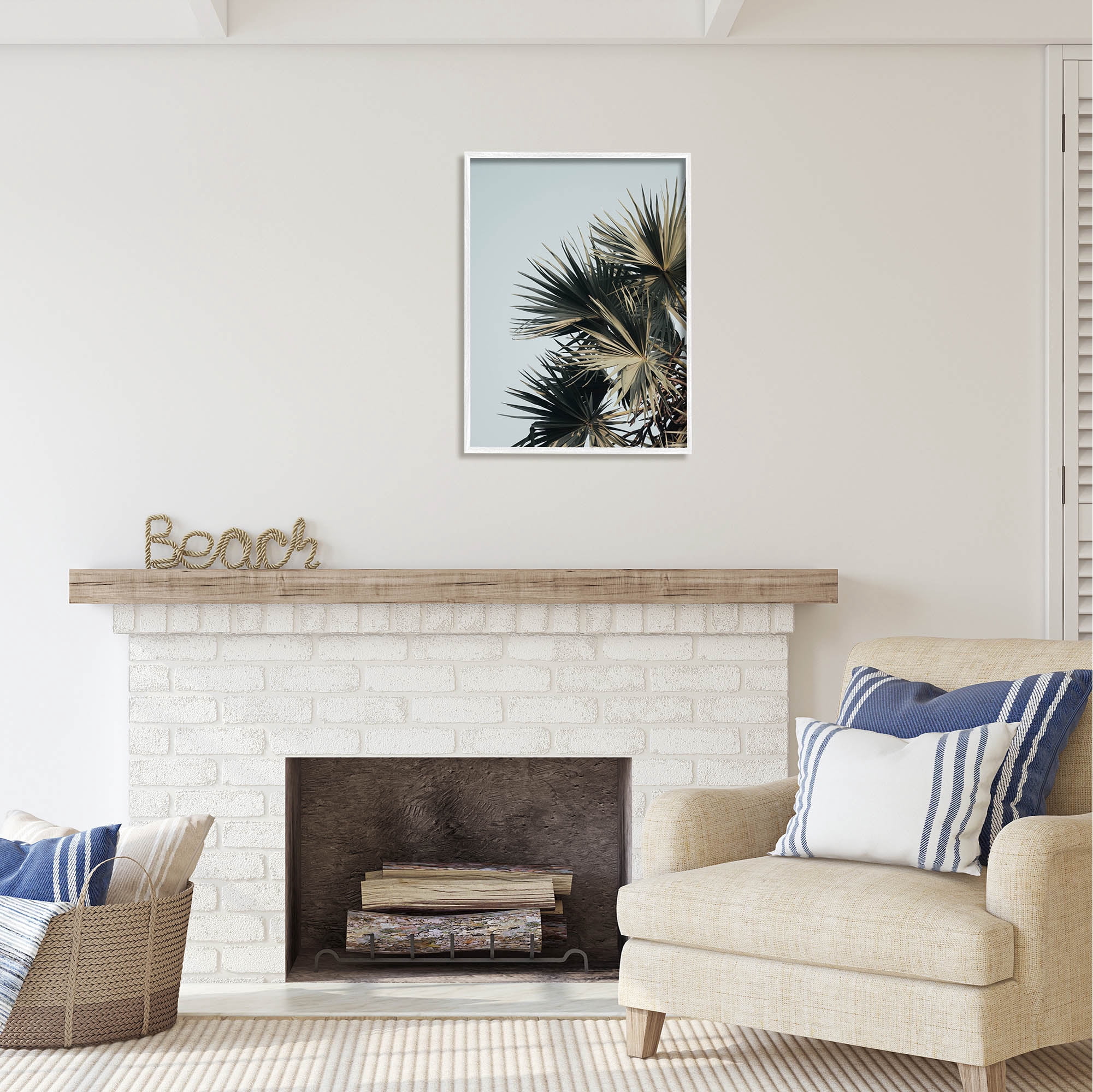 Stupell Industries Palm Plant Leaves Blue Sky Coastal Photography White Framed Art Print Wall Art