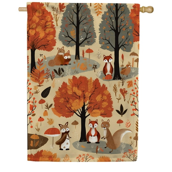 America Forever Fall Woodland House Flag, 28 x 40 inches Double Sided, Autumn Forest Foxes Garden Flags, Fall Foliage Animals, Outdoor Seasonal Flags for Yard, Lawn, Garden Decor