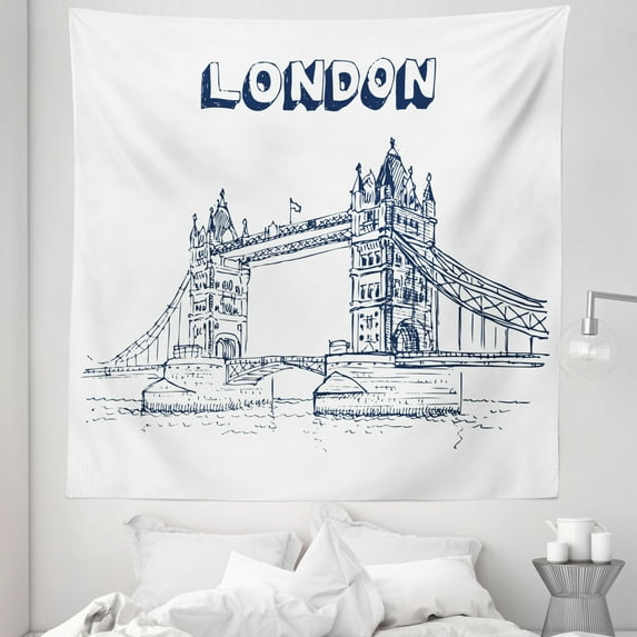 London Tapestry, Tower Bridge in London British Architecture International Culture Illustration, Fabric Wall Hanging Decor for Bedroom Living Room Dorm, 5 Sizes, Black White, by Ambesonne