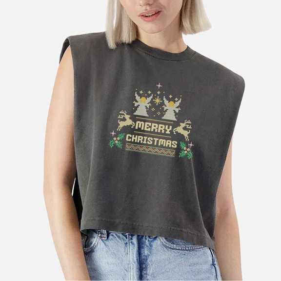 EcoLoom Merry Christmas Ugly Sweater Cap Sleeve Muscle Crop Shirt Women Sleeveless Baby Tee
