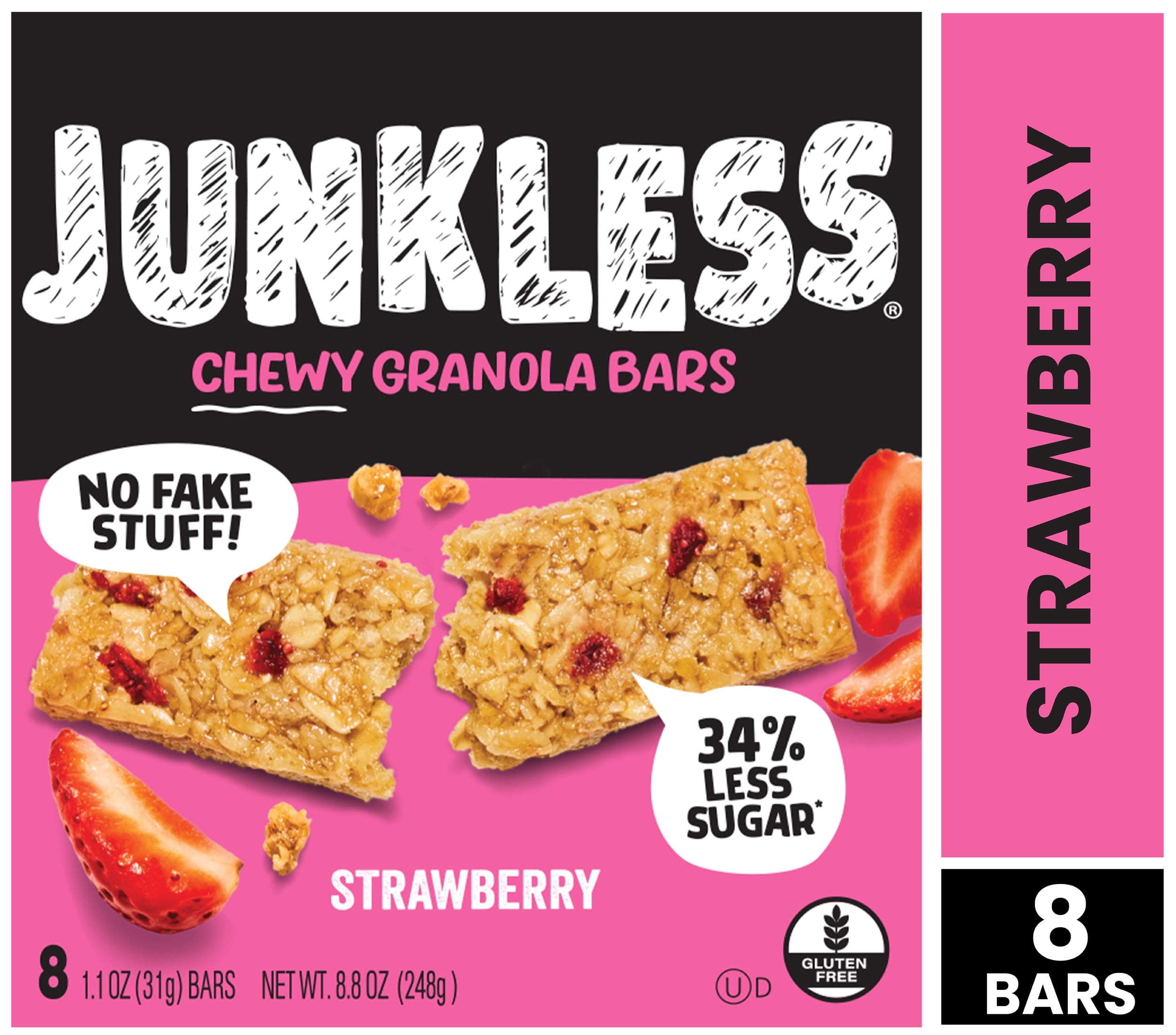 (3 pack) Junkless Chewy Strawberry Granola Snack Bars, 1.1 oz, 8 Count