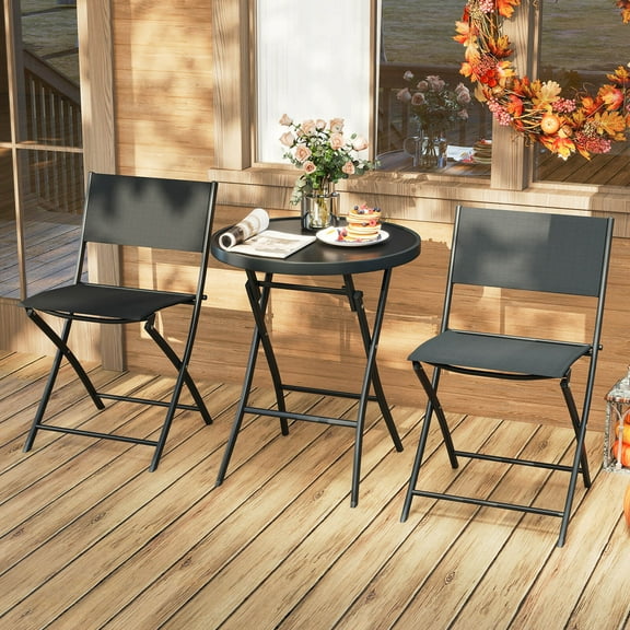 Costway 3 PCS Folding Patio Bistro Set with Tempered Glass Coffee Table & 2 Patio Chairs
