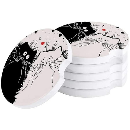 

KXMDXA Cartoon Cute Black and White Cat Set of 2 Car Coaster for Drinks Absorbent Ceramic Stone Coasters Cup Mat with Cork Base for Home Kitchen Room Coffee Table Bar Decor