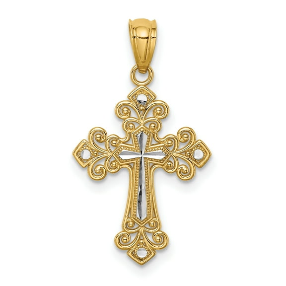 Finest Gold 14K Yellow & Rhodium with White Diamond-Cut Cross Pendant