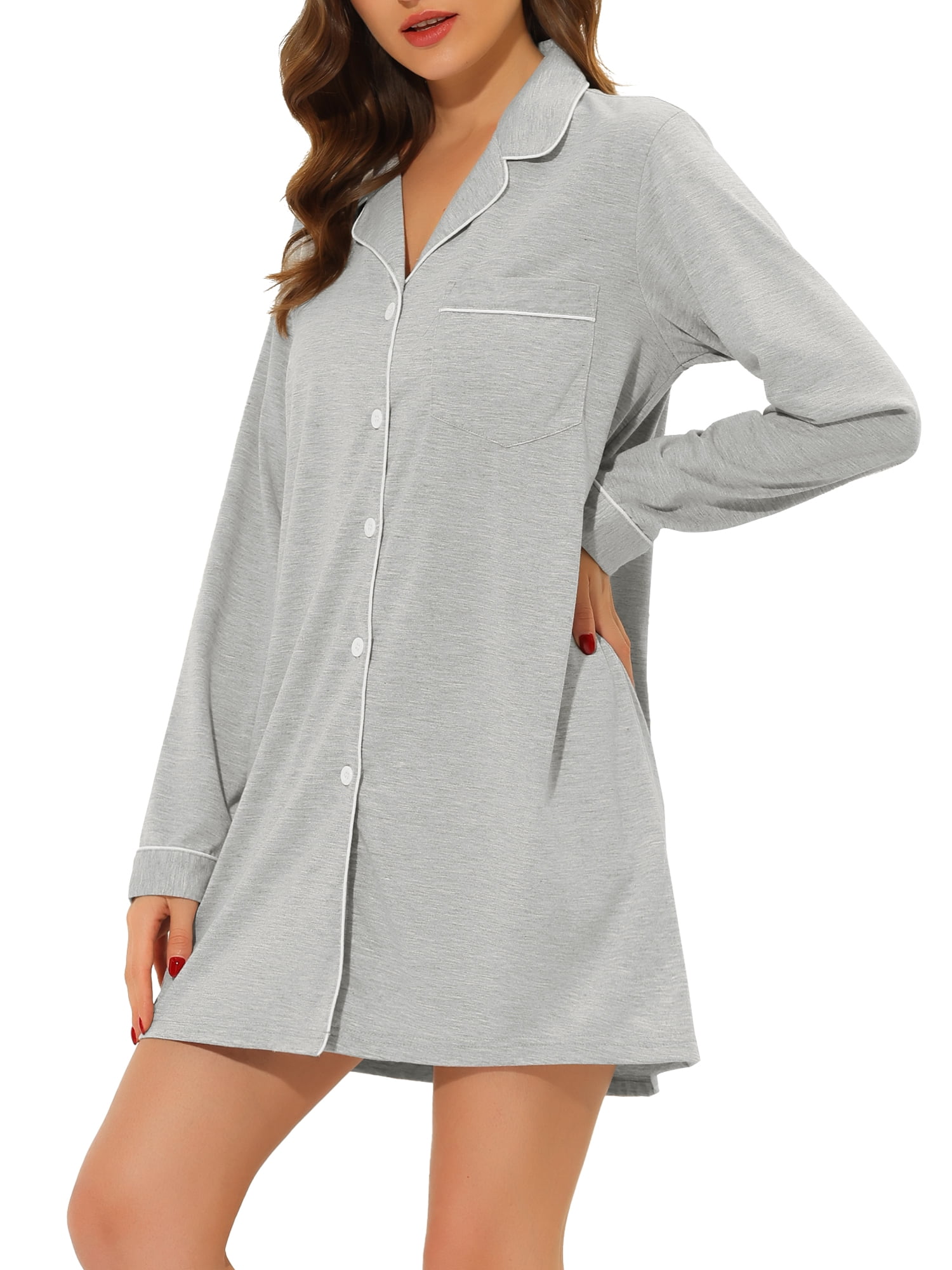Unique Bargains Women's Summer Notched Lapel Long Sleeves Button Down Short Sleepshirt