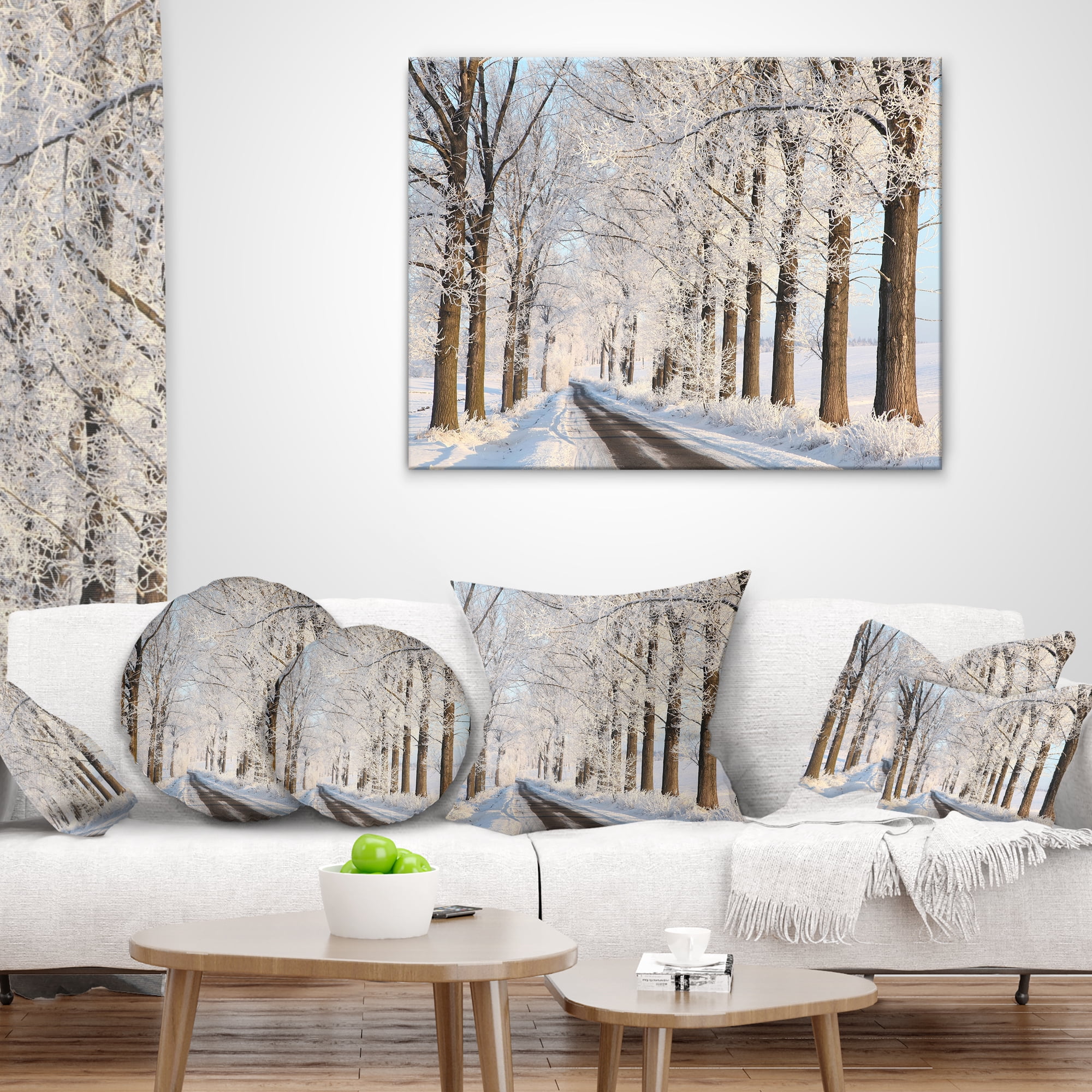 Designart Beautiful Winter Lane at Morning - Forest Throw Pillow - 12x20