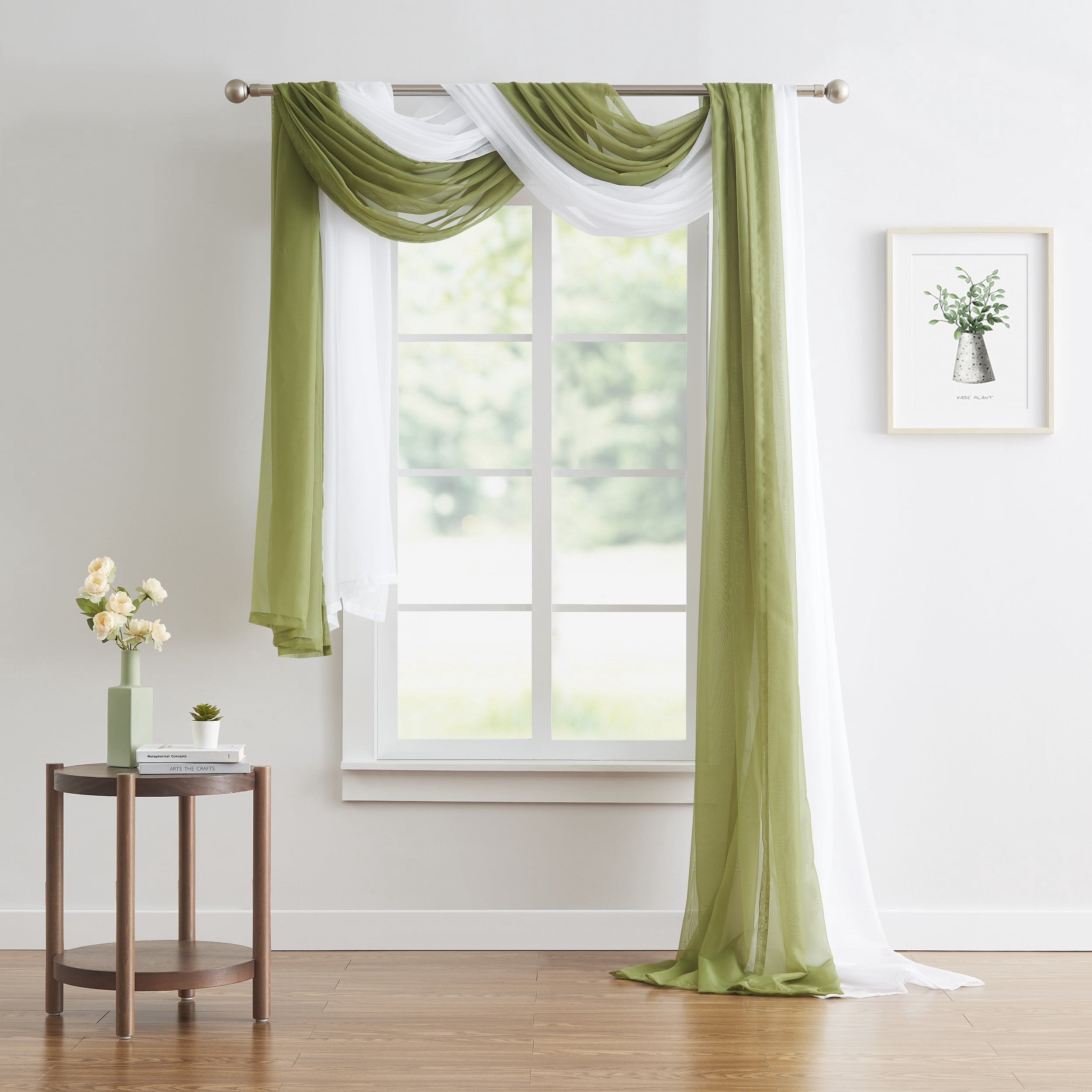 WARM HOME DESIGNS Set of 2 White & S Green Canopy Bed Curtains in 55 x 360 Inch Size. BE White & Sage 360