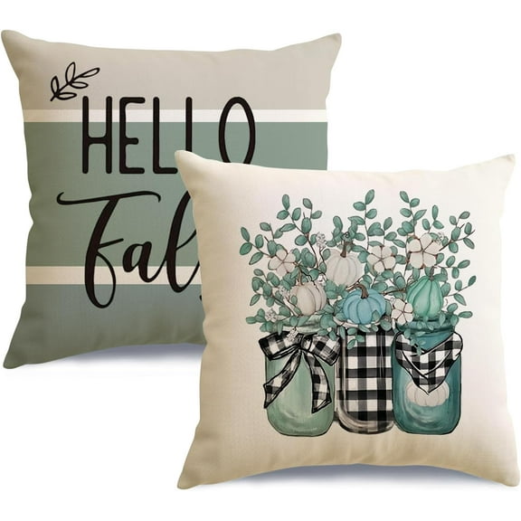 Hello Fall Pillow Covers 18x18 Set of 2,Pumpkin Eucalyptus Mason Jar Pillow Case,Thanksgiving Outdoor Cushion Covers Decorations for Home Aqua(22-18)