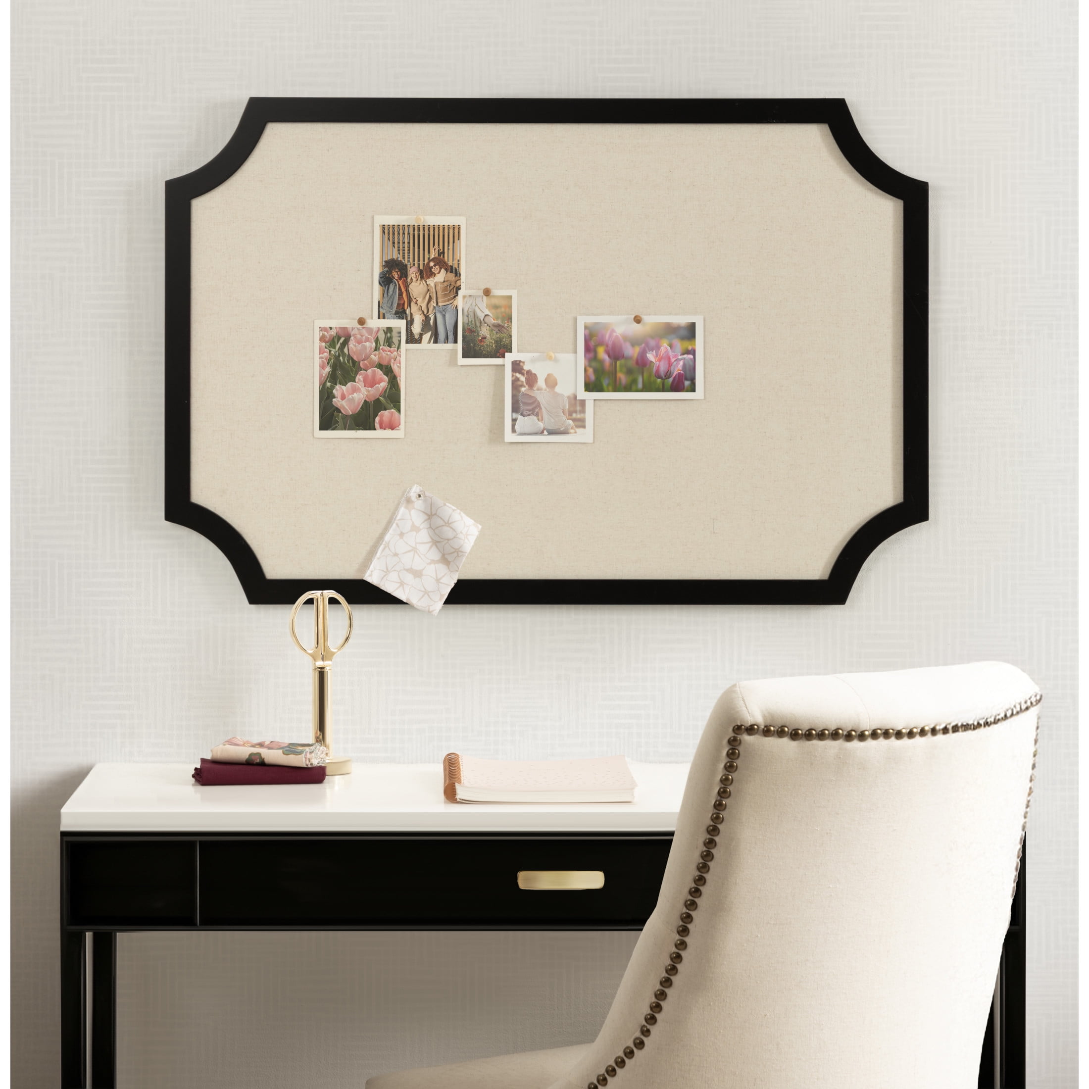 Kate and Laurel Holbrook Glam Framed Scallop Fabric Pinboard, 24 x 36, Black, Decorative Modern Scalloped Bulletin Board for Use as Vision Board or Wall Organization