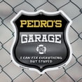 thumbnail image 4 of Pedro's Garage I Can Fix Everything But Stupid 6 inch X 6 inch Shield Shaped Commercial Grade Plastic Sign To last, Gift for Dads and Uncles Classic Americana Crafted in the USA, 4 of 6