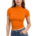 thumbnail image 2 of Women's Mock Neck Short Sleeve T-Shirt Slim Fit Stretchy Breathable Basic Layering Fitted Casual Tee Top 17-Orange XL, 2 of 4