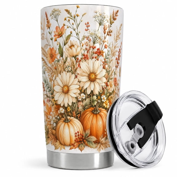 Autumn Floral Pumpkin Tumbler, 20oz Insulated Drinkware for Fall Lovers Stainless steel insulated tumbler with lid, floral pumpkin artwork for water, iced coffee, tea, or travel
