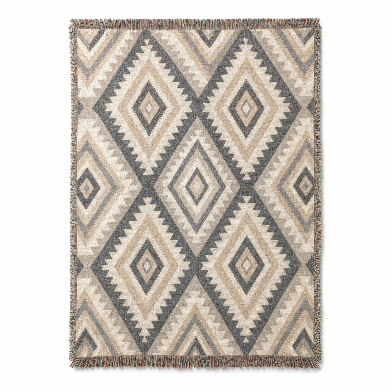 Neutral Geometric Diamond Woven Throw Blanket Woven Cotton with Fringed Edges Southwestern-Inspired Style for Sofa or Bed