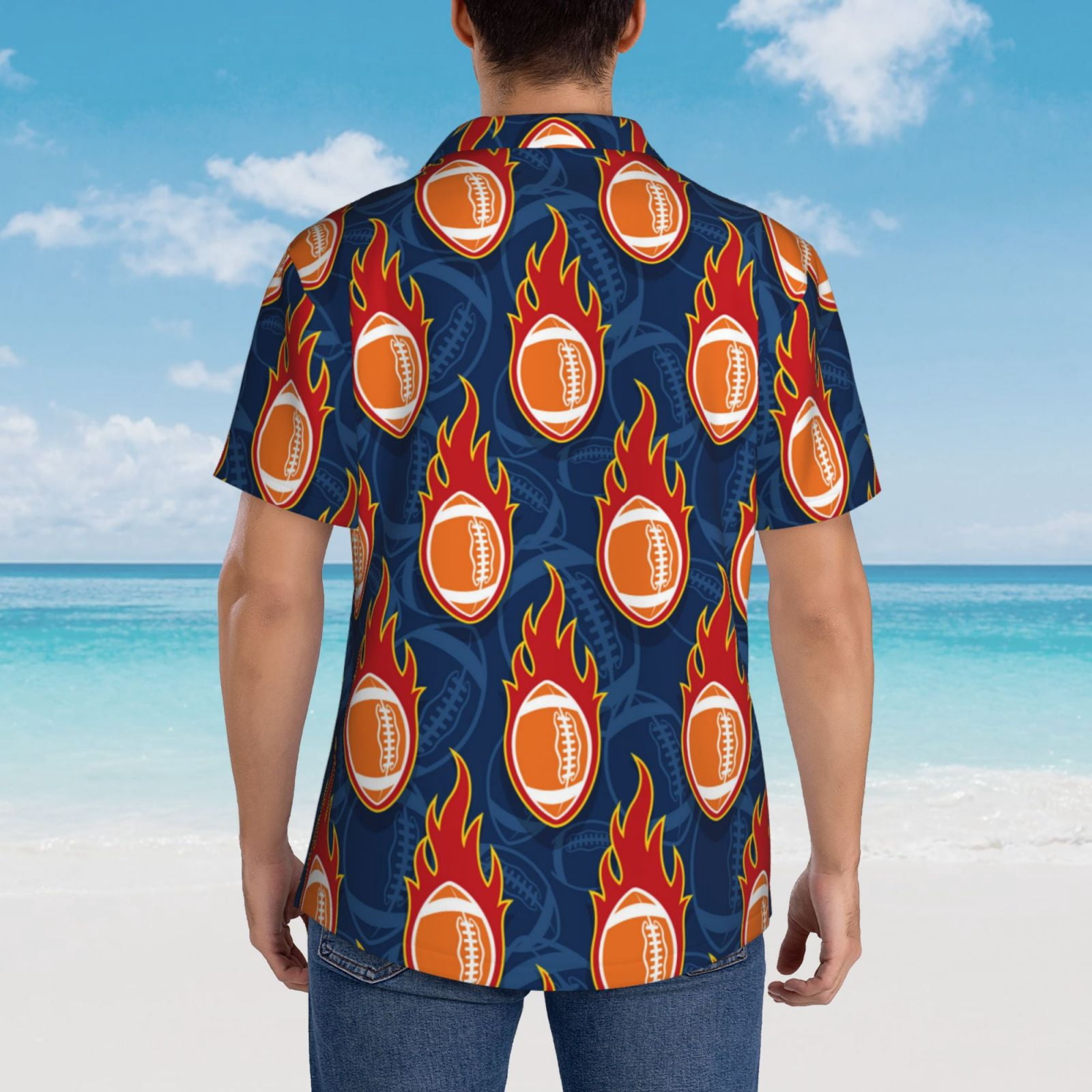 Logiee American Football and Fire Flames Print Mens Hawaiian Shirts,Loose-Fit Short Sleeve Button Down Tropical Aloha Beach Shirt,Summer Vacation Wedding Tops,Small