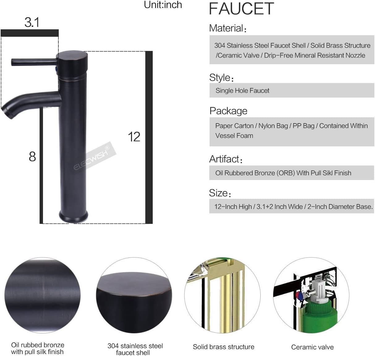 ELECWISH Bathroom Vessel Sink with Faucet Mounting Ring and Pop Up Drain 16.5 Inch Tempered Glass Basin (Brown)