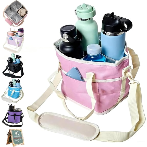 Insulated Drink Carrier Bag, Multiple Tumbler Carrier Caddy, Family Size 4 Compartment Drink Bag, Water Bottle Holder with Adjustable Strap, Drink Caddy Tote for Coffee, Travel, Outings