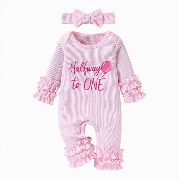 mgoYE Newborn Baby Girl Birthday Outfit Halfway to One Jumpsuit Long Sleeve Ruffle Knit Romper with Headband(Pink,3-6 Months)