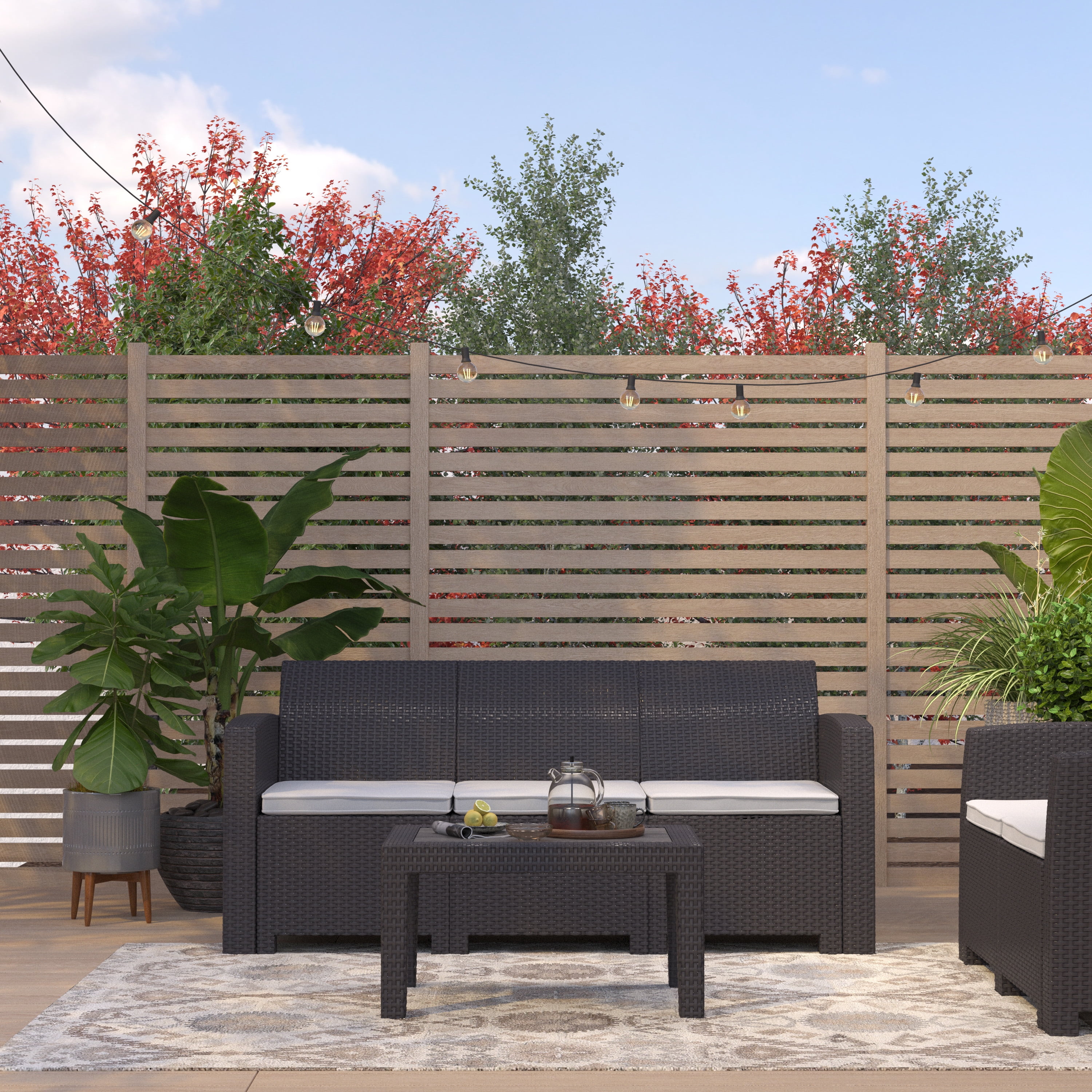 Merrick Lane Outdoor Coffee Table Dark Gray Faux Rattan Wicker Pattern Resin All-Weather Patio Coffee Table With Wood Plank Top Design
