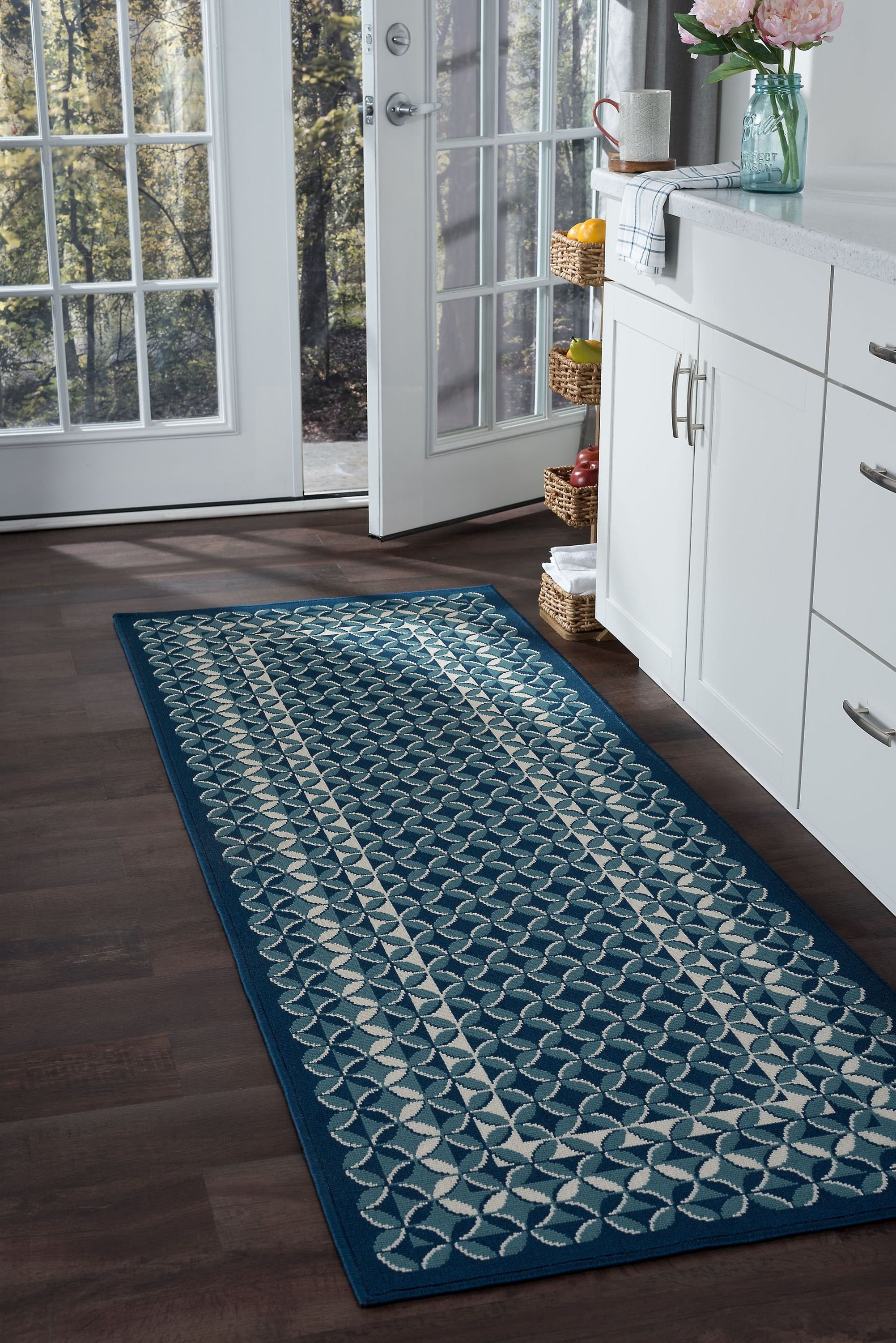 3x8 Water Resistant, Indoor Outdoor Runner Rugs for Patios, Hallway, Entryway, Deck, Porch, Balcony or Kitchen | Outside Area Rug for Patio | Navy, Geometric | Size: 2'7'' x 7'3''