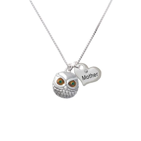 Eyed Owl Pendant - Silvertone Large Round Owl with Green Crystal Eyes Mother Heart Necklace