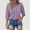 thumbnail image 4 of felwors Women Plus Size Button Down Shirts Long Roll Up Sleeve V Neck Collared Casual Blouses Oversized Shirt Tops Light Purple, XXL, 4 of 5