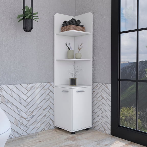 Tall White 62h" Corner Cabinet With 3 Shelf And 2-door For Bathroom Storage Needs 60.65 In. Magnificent